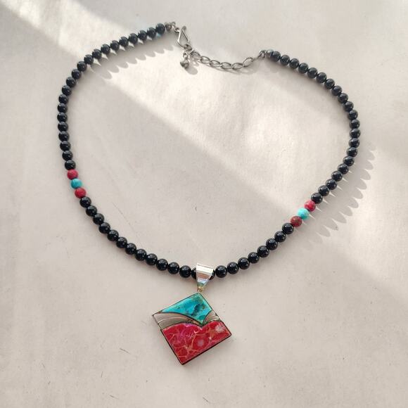 Jay King DTR Necklace Sterling Silver Inlay Turquoise Pendant Black Onyx Beaded - Picture 2 of 9